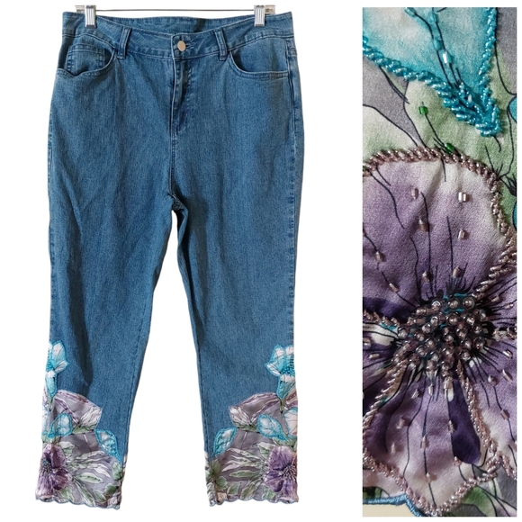Soft Surroundings Silky Floral Beaded Blue Purple Soft Denim Cropped Jeans Pants - Picture 1 of 16